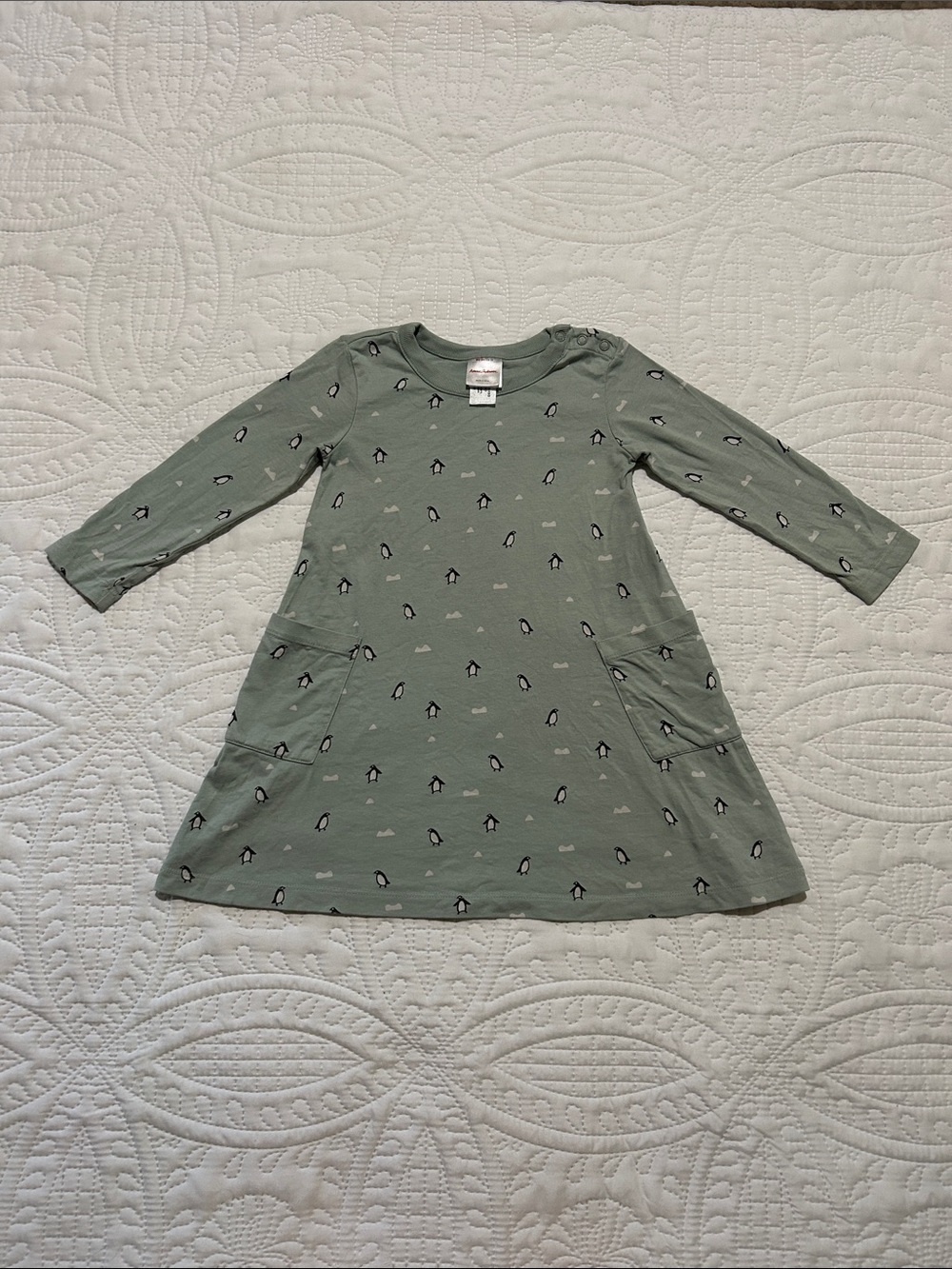 Hanna Andersson Gray Green w/ Penguins & Pocket Dress Sz: 3T (90cm)